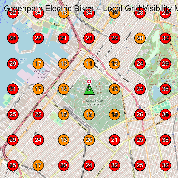 Greenpath Electric Bikes GeoGrid visibility map for Bicycle Store in Brooklyn